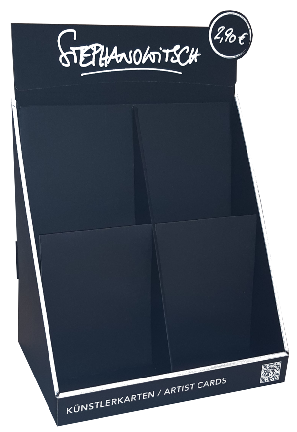 Kartendisplay für Künstlerkarten mit 4 Kartenfächern gestuft - schwarzes Material mit weißem Digitaldruck